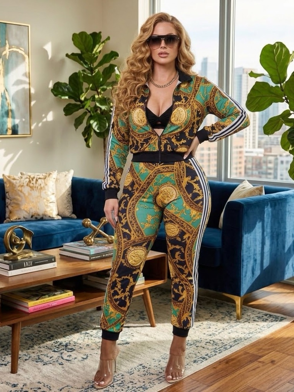 Women’s Green & Black Baroque Print Jogger Pantsuit